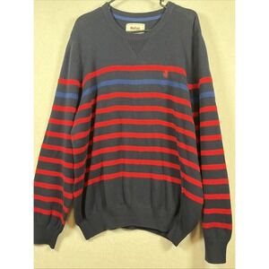 Stafford Prep Mens XL Navy Blue Striped Cotton Crew Neck Sweater Lion Crest